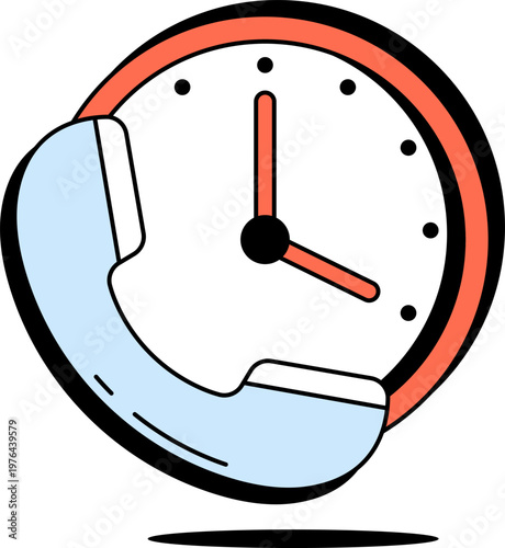 Telephone handset and wall clock for customer support service and business hours vector illustration