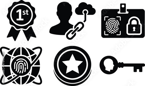 Vector silhouette set of first party data icons featuring 1st medal, user profile link, secure id badge, universal id globe, data token and login key