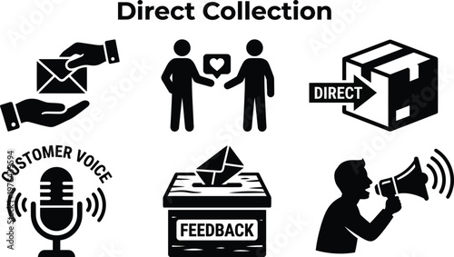 Vector silhouette set of direct collection icons featuring hand receiving letter, customer voice microphone and person with megaphone