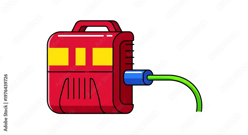 Naklejka premium A red fire extinguisher with a green hose and blue nozzle on a white background