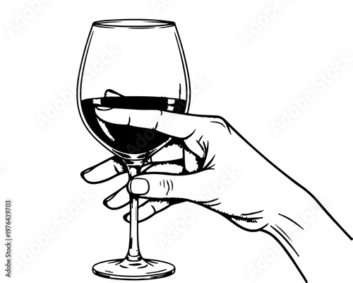 Wine Tasting Elegance: A delicate hand holds a wine glass, showcasing the simple luxury of a fine vintage and the elegance of a discerning taste. 