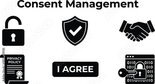 Vector silhouette set of consent management icons featuring open padlock, privacy policy shield, handshake agreement and data box key