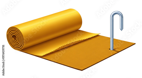 A vector graphic illustration of a roll of yellow insulation material with a metal hook on a white background