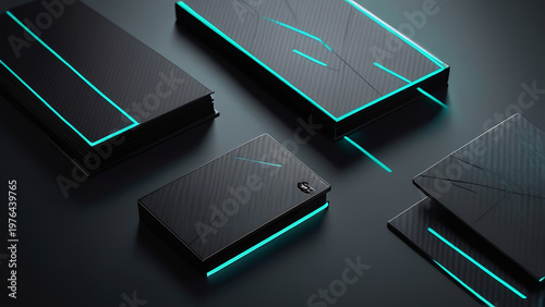 Asymmetrical Dark Carbon Fiber Panels With Glowing Teal Edges