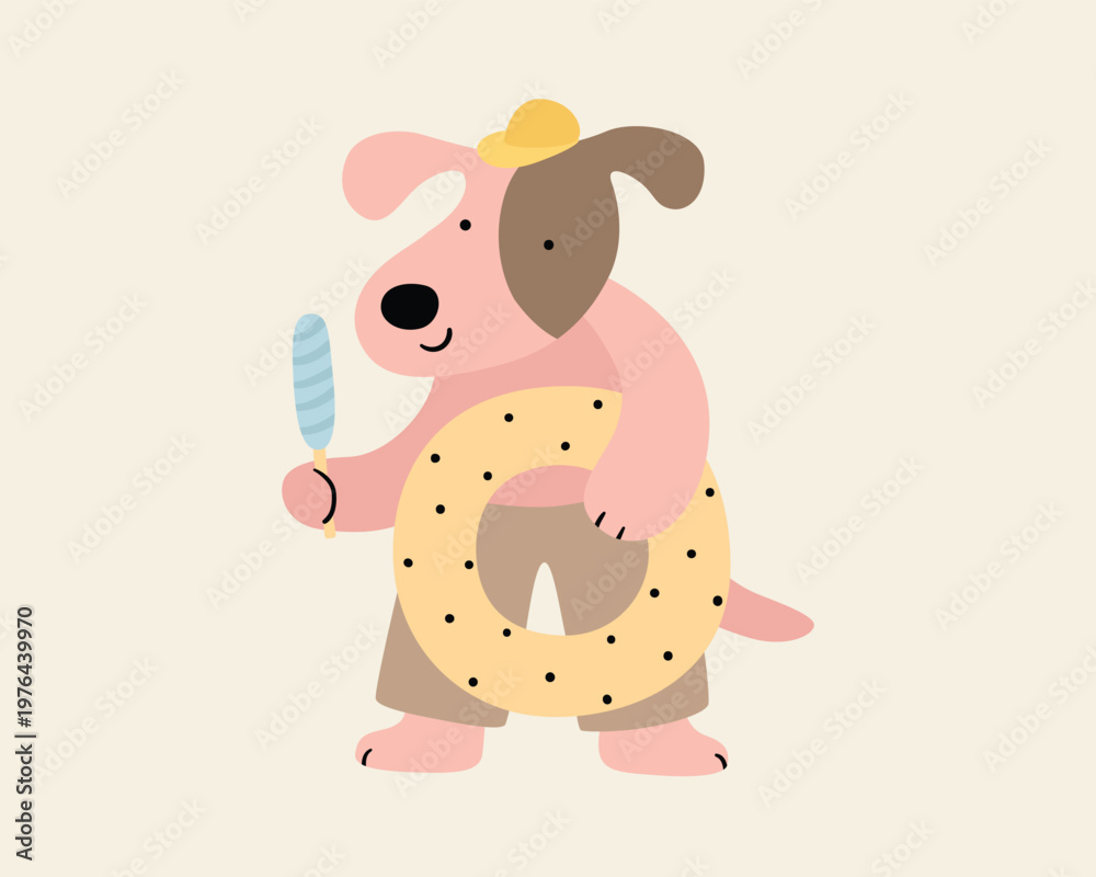 Fototapeta premium Dog standing eating ice cream cute creative kawaii cartoon mascot logo. Childish funny character, simple flat vector style in pastel colors. Swimwear, beach, summer funny animal. Sticker, card.