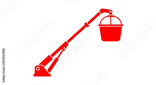A red vector graphic illustration of a cherry picker with a bucket