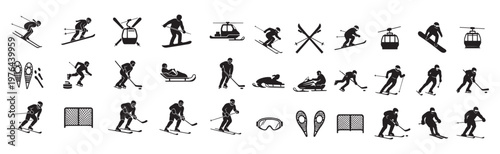 Winter Sports Icon Set: Skiing, Snowboarding, Ice Hockey, Curling, Sled, Gondola, Snowshoe