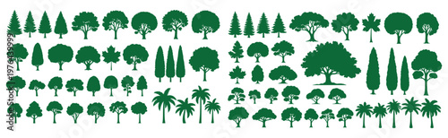 Green Tree Silhouette Icon Set - Variety of Pine, Oak, Maple and Palm Shapes for Design