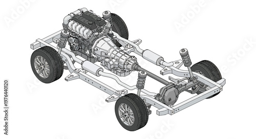 Car Chassis And Drivetrain Cutaway With Engine, Transmission And Suspension Assembly Illustration