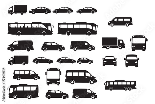 Vehicle Icons Set Silhouettes: Cars, Buses, Vans and Trucks for Transport and Automotive Use