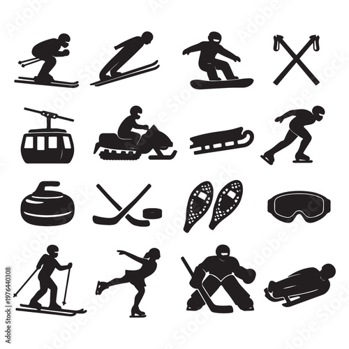Winter Sports Icons Set: Skiing Snowboarding Skating Hockey Curling Snowmobile Sled Gondola Silhouettes