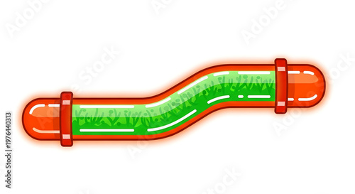 A vibrant green and orange cartoon capsule with a wavy design on a white background