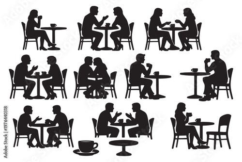 Silhouette Couples and Friends Talking Over Coffee at Cafe Tables in Casual Conversations and Meetings