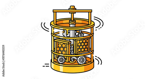A vibrant yellow cylindrical machine with gears and a honeycomb pattern is depicted in a colorful illustration.