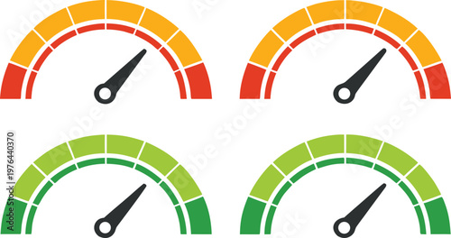 Rounded credit score meters with soft shadows and gradient colors gauge