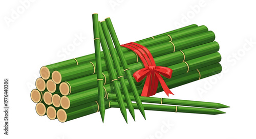 A vector graphic illustration of a bundle of bamboo stalks tied with a red ribbon on a white background