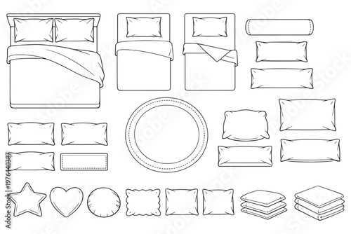 Top View Bedding and Pillow Line Art Set — Beds, Pillows, Cushions, Blankets and Decorative Shapes