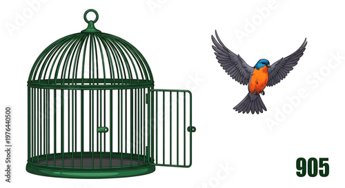 A colorful bird flying away from an open green birdcage