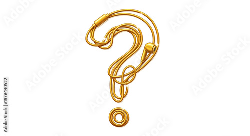 A golden question mark icon made from earbuds on a white background