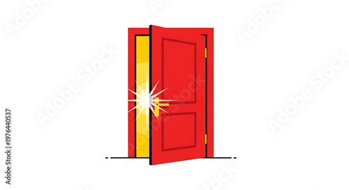 A vibrant red door bursts open with a bright yellow interior and a shining starburst