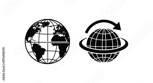 Two globes with orbital path representing global connection silhouette
