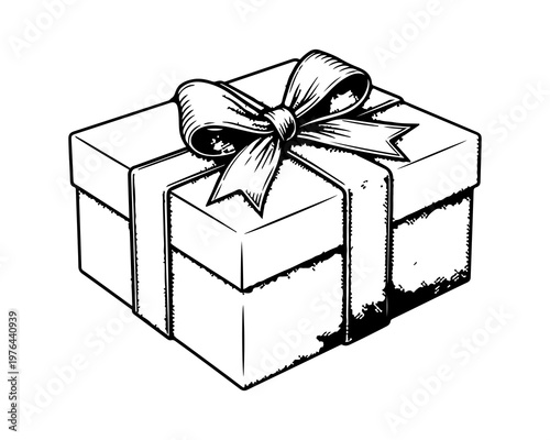 Gift Box with Ribbon: A beautifully rendered line drawing of a gift box adorned with a decorative ribbon, perfect for conveying themes of presents, celebration, and giving.