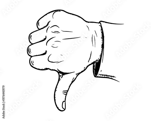 Thumbs Down Gesture: A monochrome illustration features a hand with the thumb pointing downward, symbolizing disapproval and negation.