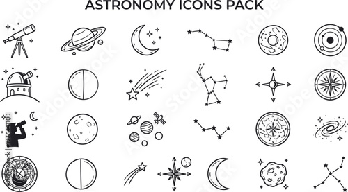 A versatile collection of detailed line art astronomy vector icons, showcasing celestial objects, telescopes, and constellations for science.