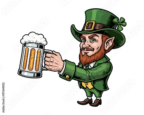 Leprechaun's Brew: A whimsical leprechaun, clad in emerald green, offers a frothy pint of ale, embodying the jovial spirit of festive celebration.