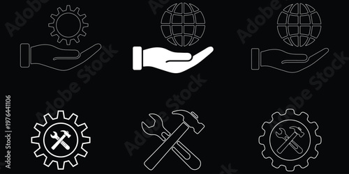 Vector icon set featuring crossed hammer and wrench tools in solid black silhouette and linear outline styles for handyman repair services, home renovation, and industrial maintenance.