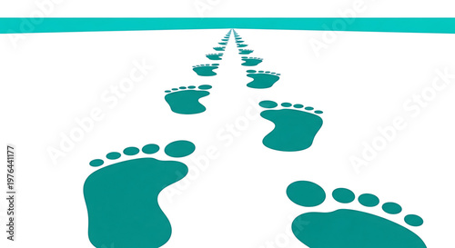 A minimalist vector graphic of teal footprints leading into the distance on a white background