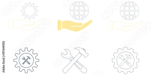 Vector icon set featuring crossed hammer and wrench tools in solid black silhouette and linear outline styles for handyman repair services, home renovation, and industrial maintenance.