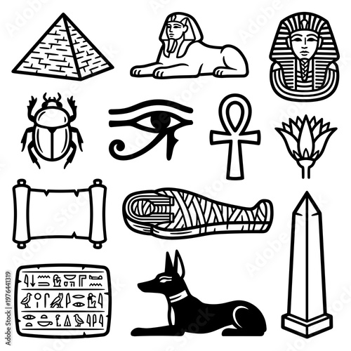 Ancient Egyptian symbols collection: pyramid, sphinx, pharaoh, ankh, scarab, bold black line art icons