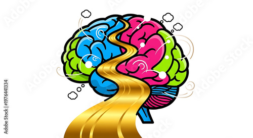A colorful cartoon brain with a golden stream flowing out of it, symbolizing creativity and inspiration.