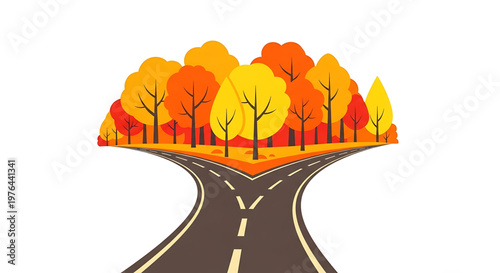 A vector graphic illustration of a road diverging into two paths under a vibrant autumnal landscape with trees.