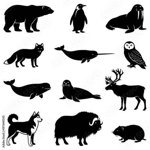 Arctic and polar animal silhouette set: polar bear, penguin, walrus, fox, and sea creatures