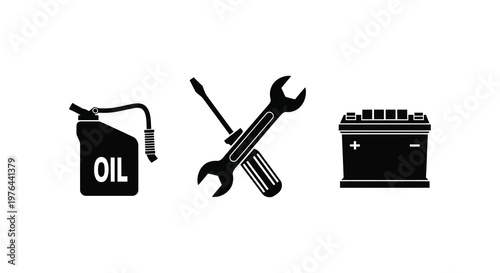 Automotive tools including oil can wrench and battery in silhouette