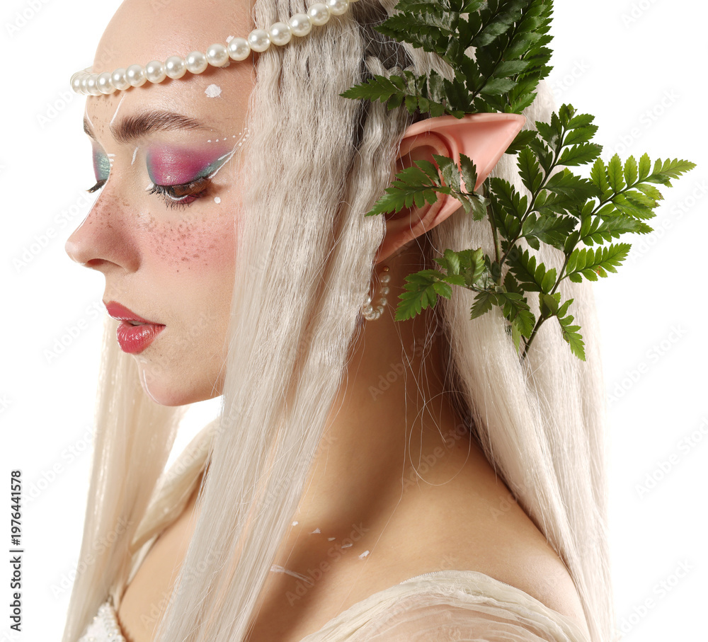 Obraz premium Beautiful elf girl with floral decor on white background