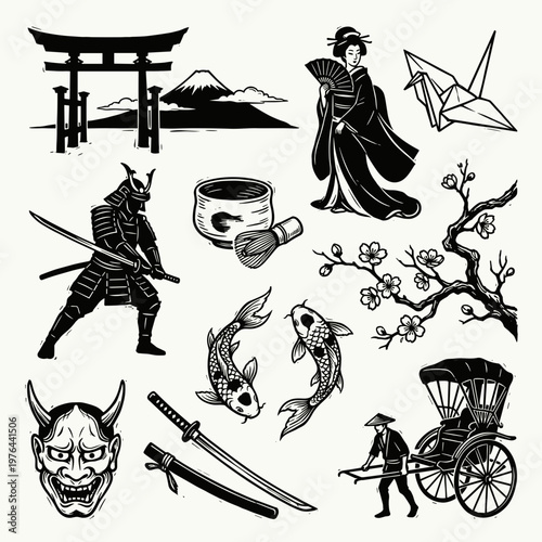 Japanese culture traditional symbols set, torii gate, mount fuji, samurai and geisha silhouettes, woodblock style