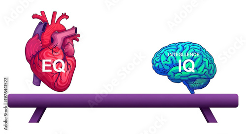 A vector graphic illustration of a heart and brain balancing on a seesaw, symbolizing emotional intelligence and IQ