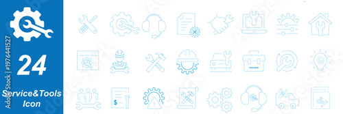 Collection of three stylized maintenance icons, symbolizing repair, tools, system settings, engineering, and mechanical service in black silhouette design