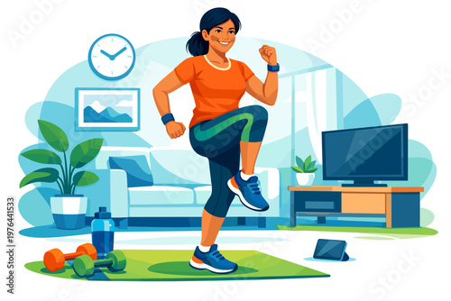 Woman doing high knees exercise at home with fitness equipment