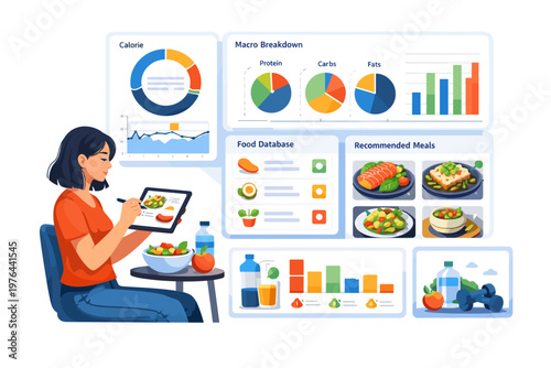 Woman tracking nutrition and meals on a digital tablet with charts and graphs