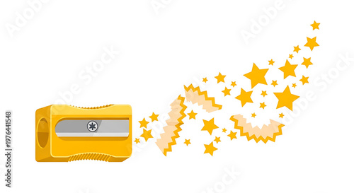 A colorful pencil sharpener with yellow stars and sparks coming out of it, symbolizing creativity and inspiration.