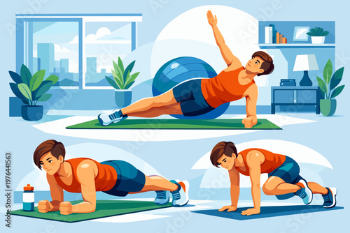 Man performs various core strengthening exercises at home with fitness ball