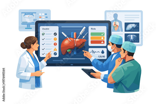 Medical team discusses liver health data on a digital display with charts and checklist