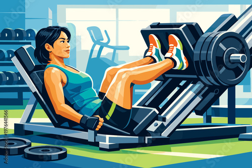 Woman performing leg press exercise on machine in modern gym setting