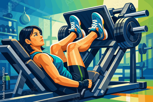 Woman exercising on a leg press machine in a brightly lit gym