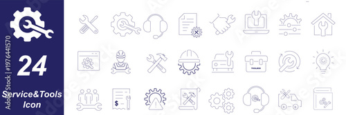 Set of customer support headset icons with gear symbol in various styles