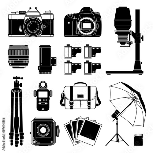 Photography gear collection: vintage camera, DSLR, medium format, darkroom enlarger, tripod, and studio lighting.